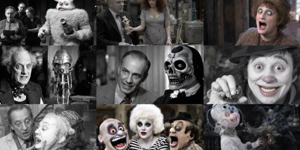 Collage of bizarre movie scenes and odd props.